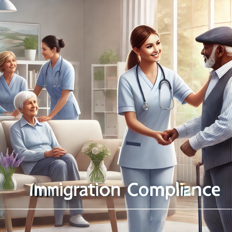 Outdoor care home image with 'Immigration Compliance': "A serene outdoor scene at a care home featuring caregivers, residents, and the text 'Immigration Compliance,' underlining the need for compliance in the home care industry."