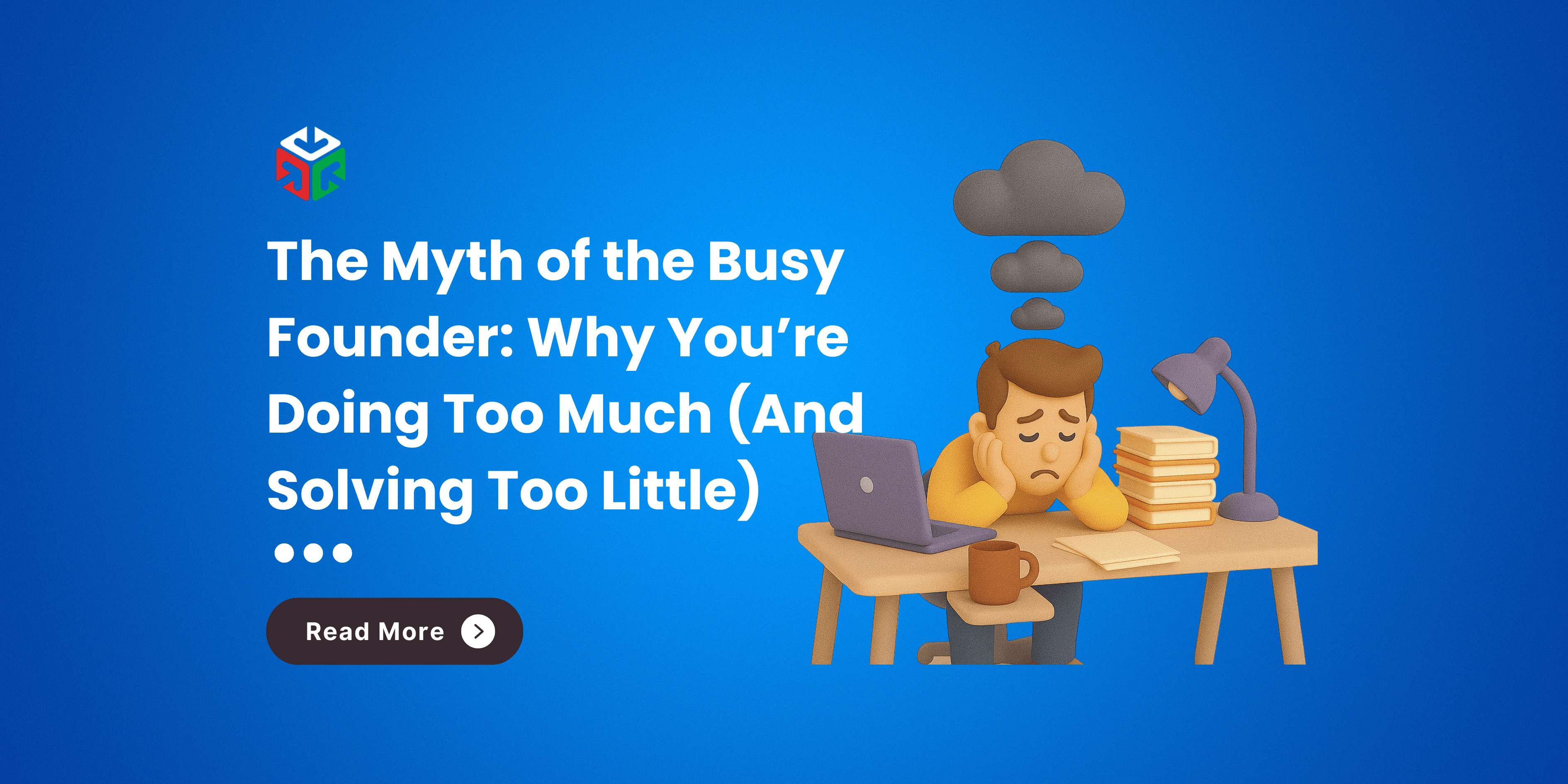 A founder overwhelmed by notifications, juggling multiple devices, calendars, and papers—fading into a background of repeating tasks—while a calm figure stands next to a clean, automated dashboard.